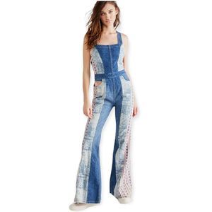 Free People Blue Denim Patchwork Jumpsuit